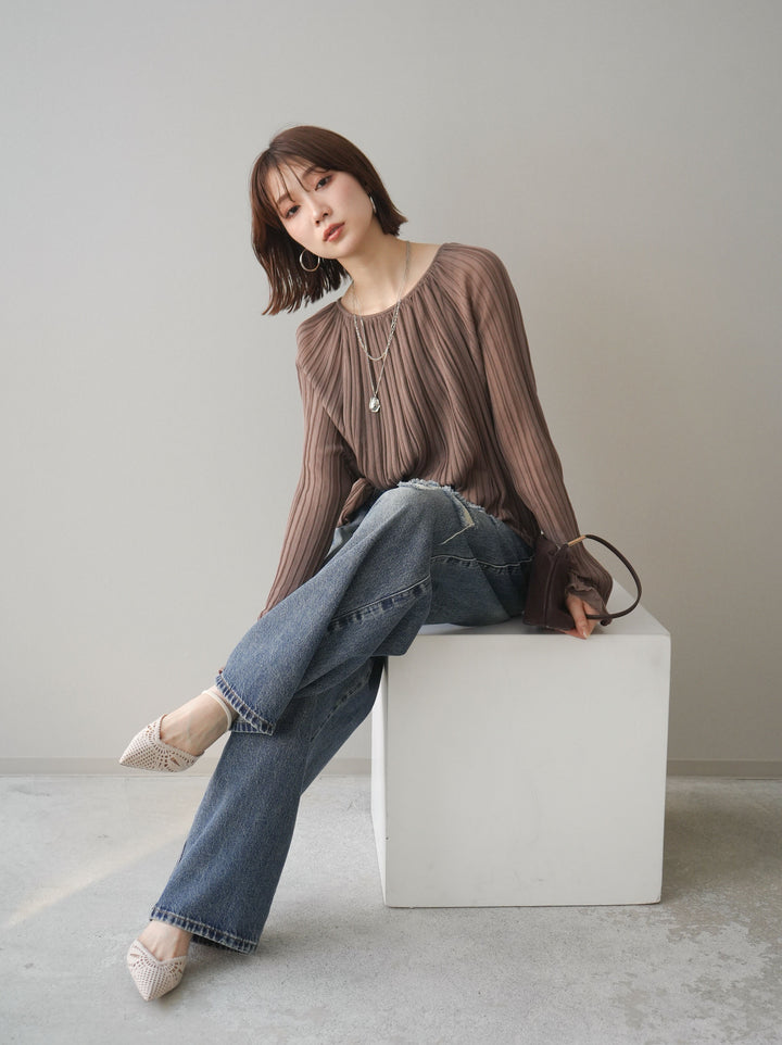 [SET]プリーツシアーフレアスリーブニットトップス+プリーツシアーフレアスリーブニットトップス(2set)