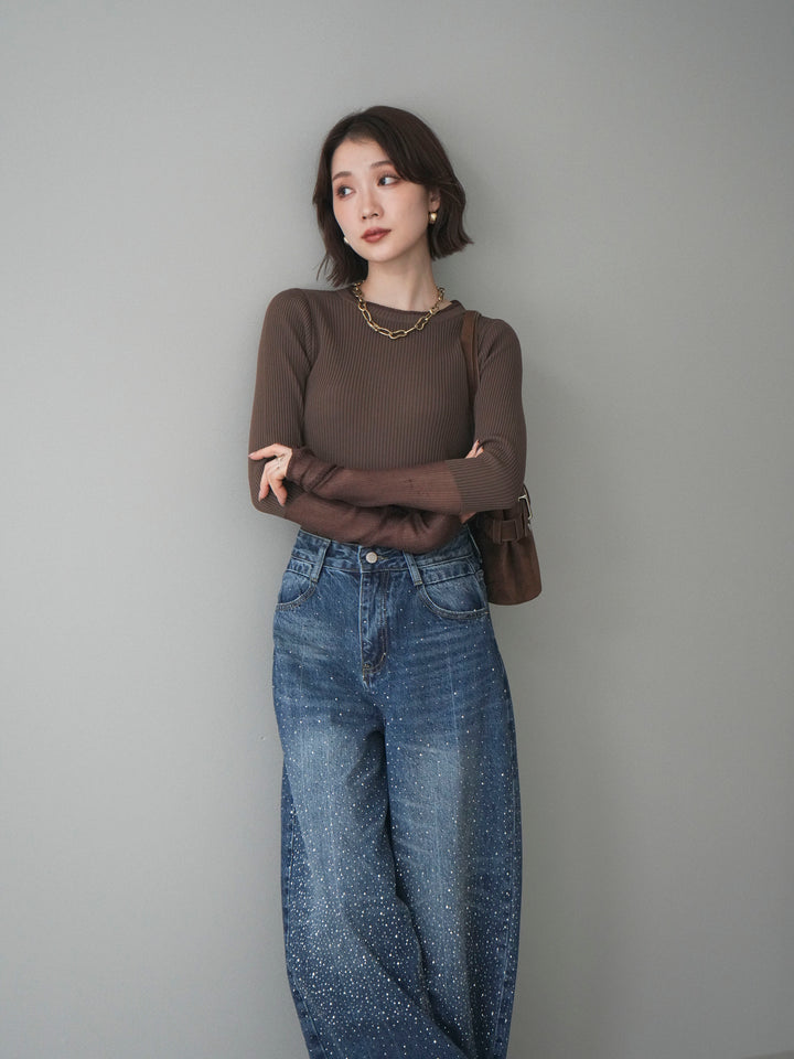 [SET]リブラメシアー切替リブニットトップス+ラインストーンカーブデニムパンツ(2set)