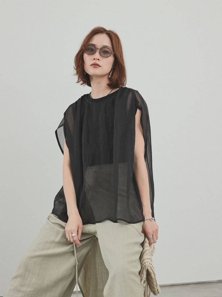 [SET]コンパクトスムースシアーレイヤードトップス+ワッシャーサテンレイヤードスカートパンツ(2set)