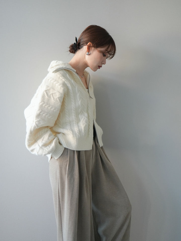 [予約]ケーブル編みハイネックZIPニットカーディガン/white