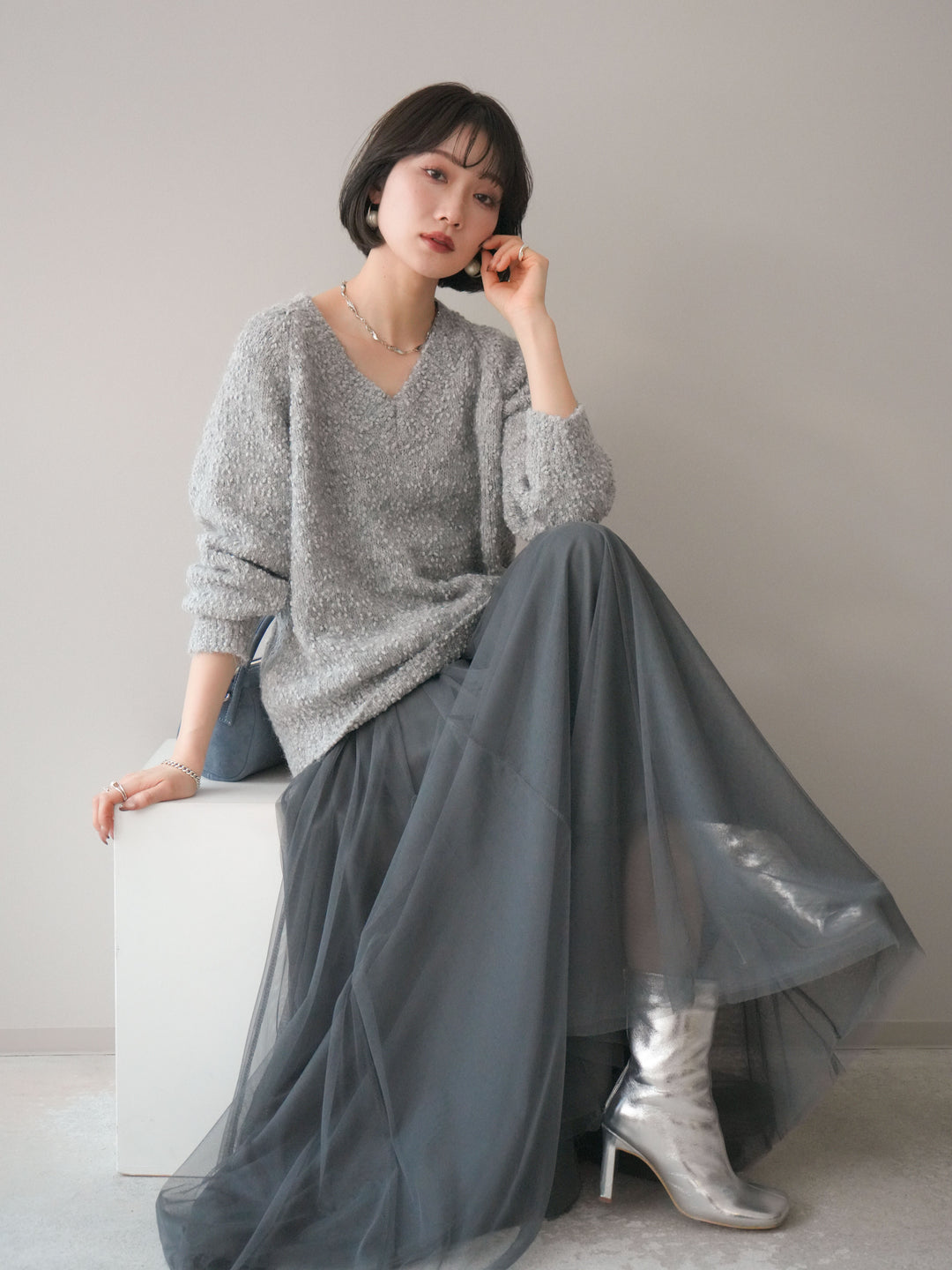 [SET]Vネックスラブニットプルオーバー+選べるアクセセット(2set)