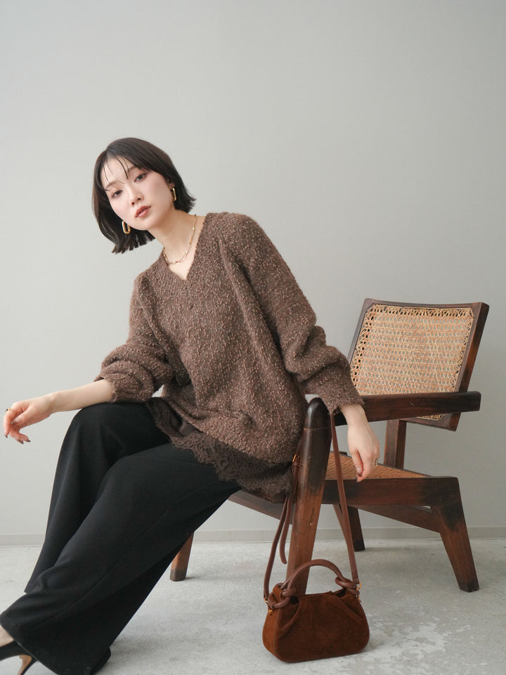 [SET]Vネックスラブニットプルオーバー+選べるアクセセット(2set)