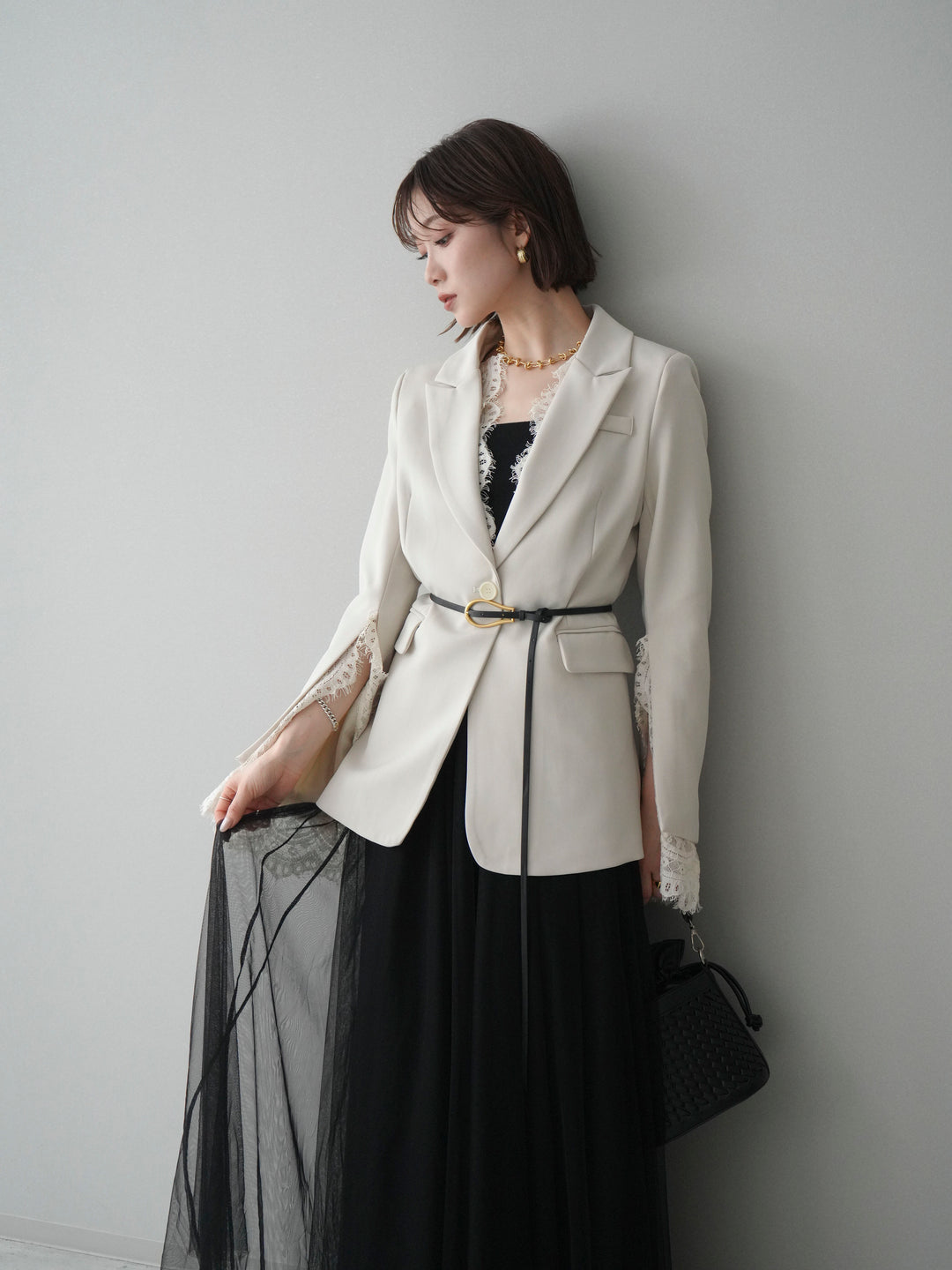 [SET]レースレイヤードスリットジャケット+チュールボリュームスカート(2set)