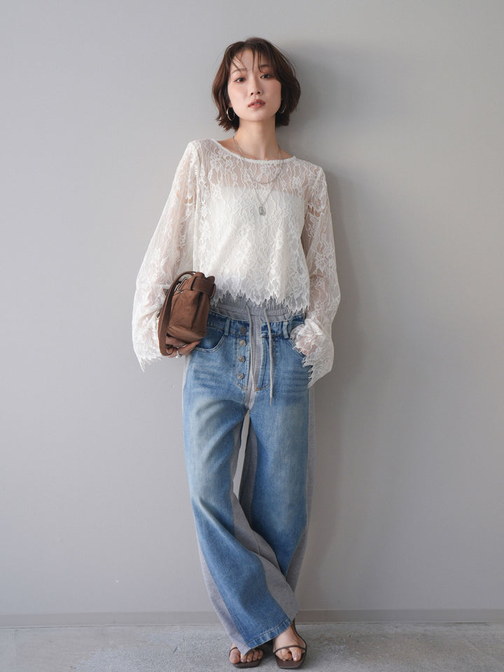 [SET]2WAYスリーブレーストップス+デニム切替スウェットパンツ(2set)