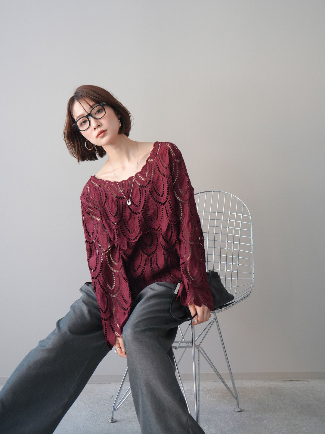 [予約]透かしコードレースブラウス/bordeaux