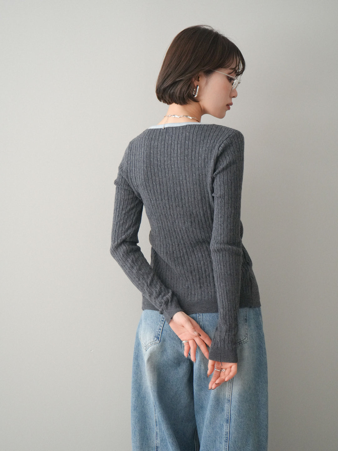 [予約]バイカラーレイヤードニットカーディガン/gray