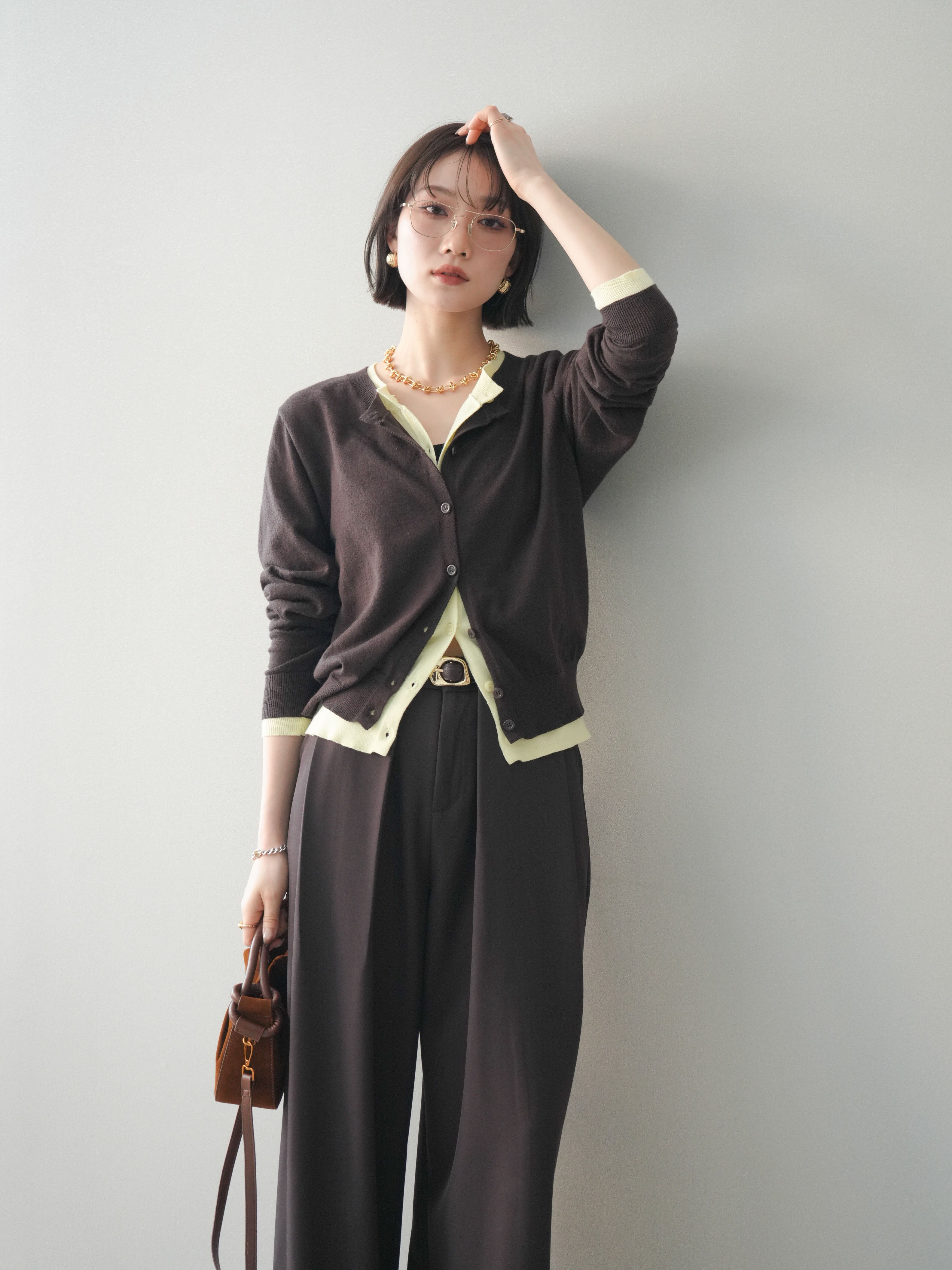 予約]配色レイヤードニットカーディガン/brown – Lumier