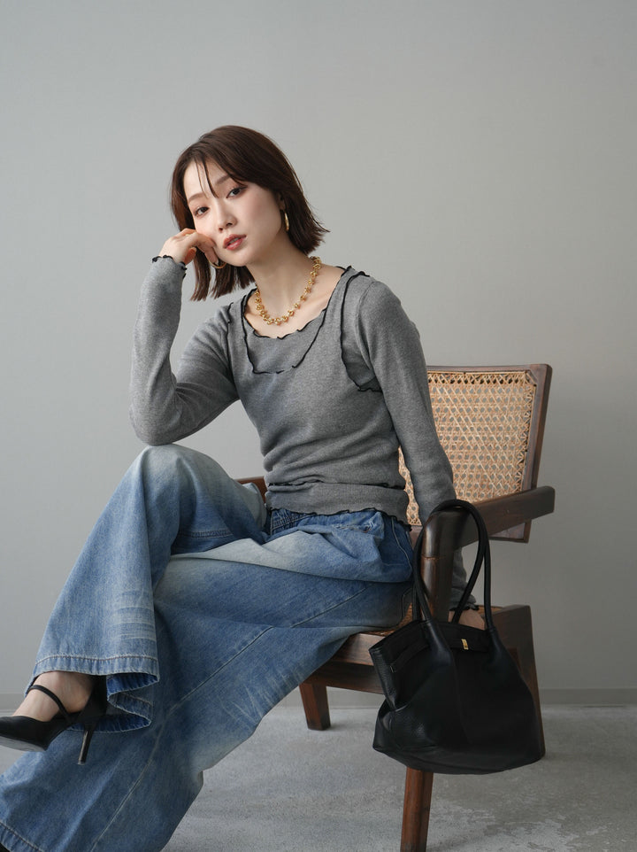 [SET]バイカラーメローアンサンブルシアーニットトップス+フロントポケットサイドタックワイドデニム(2set)