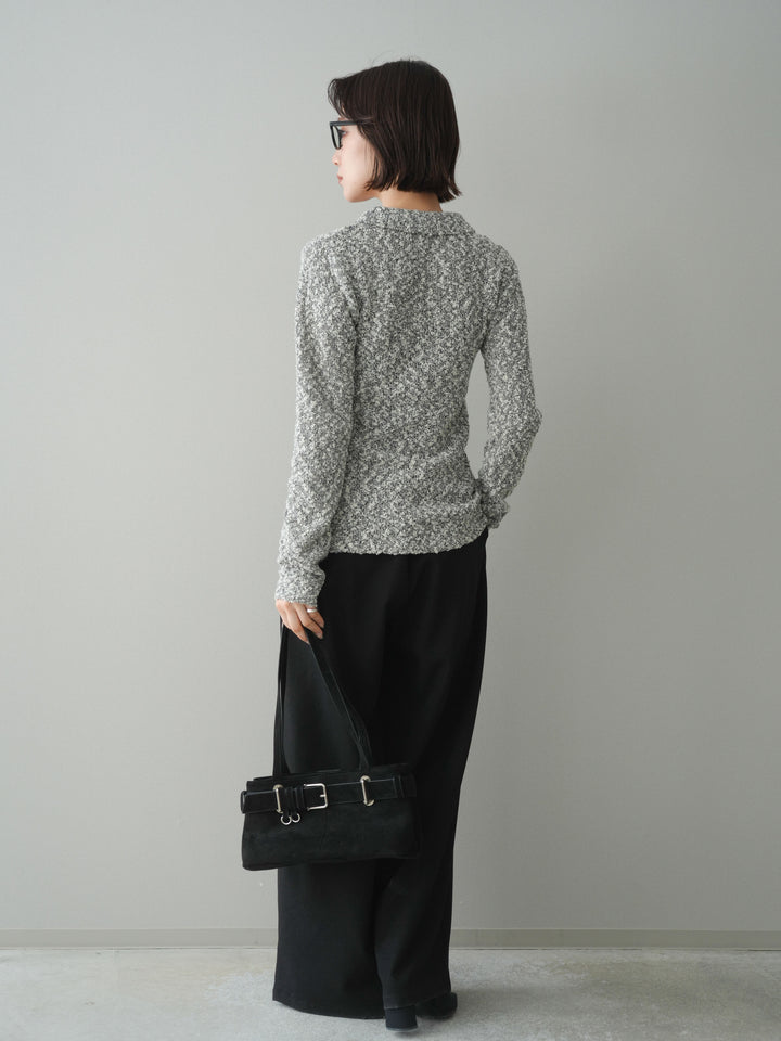 [SET]透かし編みブークレポロニットトップス+サテンベルトタックワイドパンツ(2set)