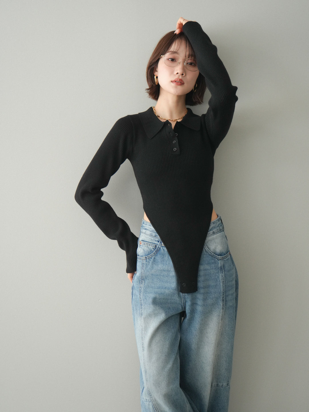 [予約]リブポロニットボディスーツ/black