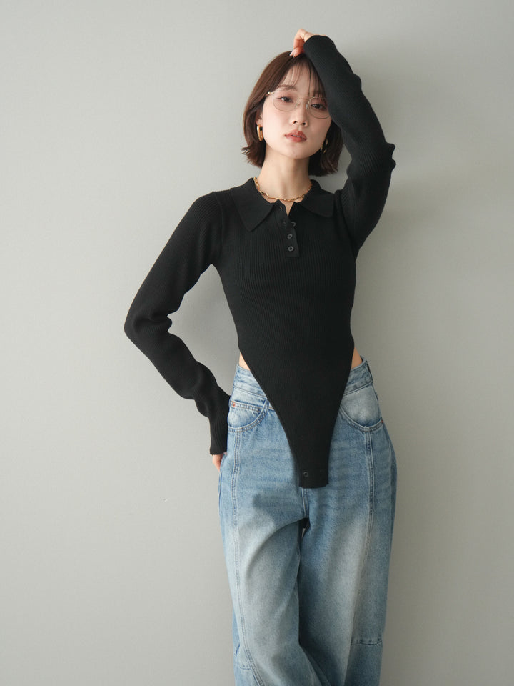 [予約]リブポロニットボディスーツ/black