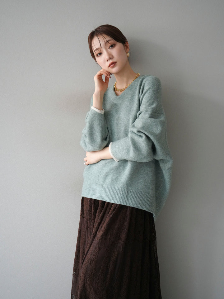 [SET]Vネック配色スリーブニットプルオーバー+選べるアクセセット(2set)