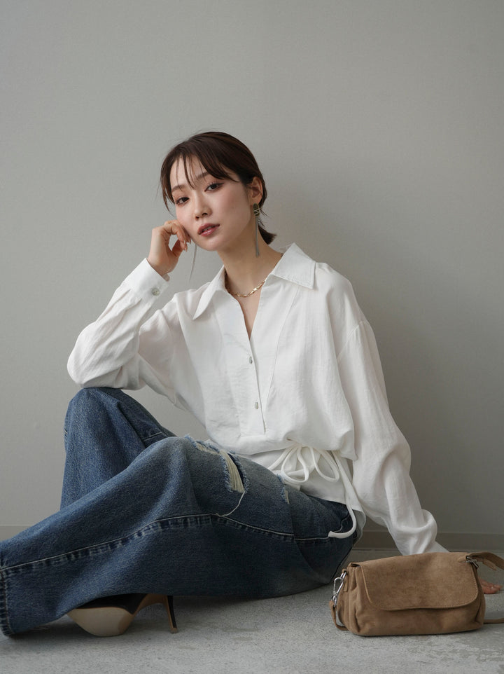 [SET]Vネック変形ラインシャツ+ダメージデニムセミワイドパンツ(2set)