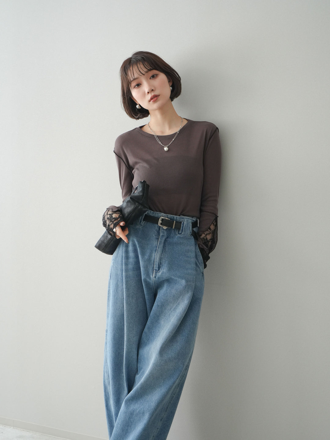 [予約]袖レースレイヤードデザインメロートップス/brown