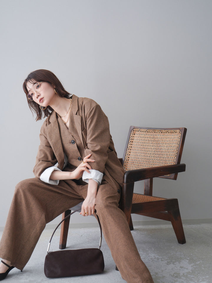 [SET]リネンライクテーラードジャケット+リネンライクバックオープンジレ+リネンライクタックワイドパンツ(3set)