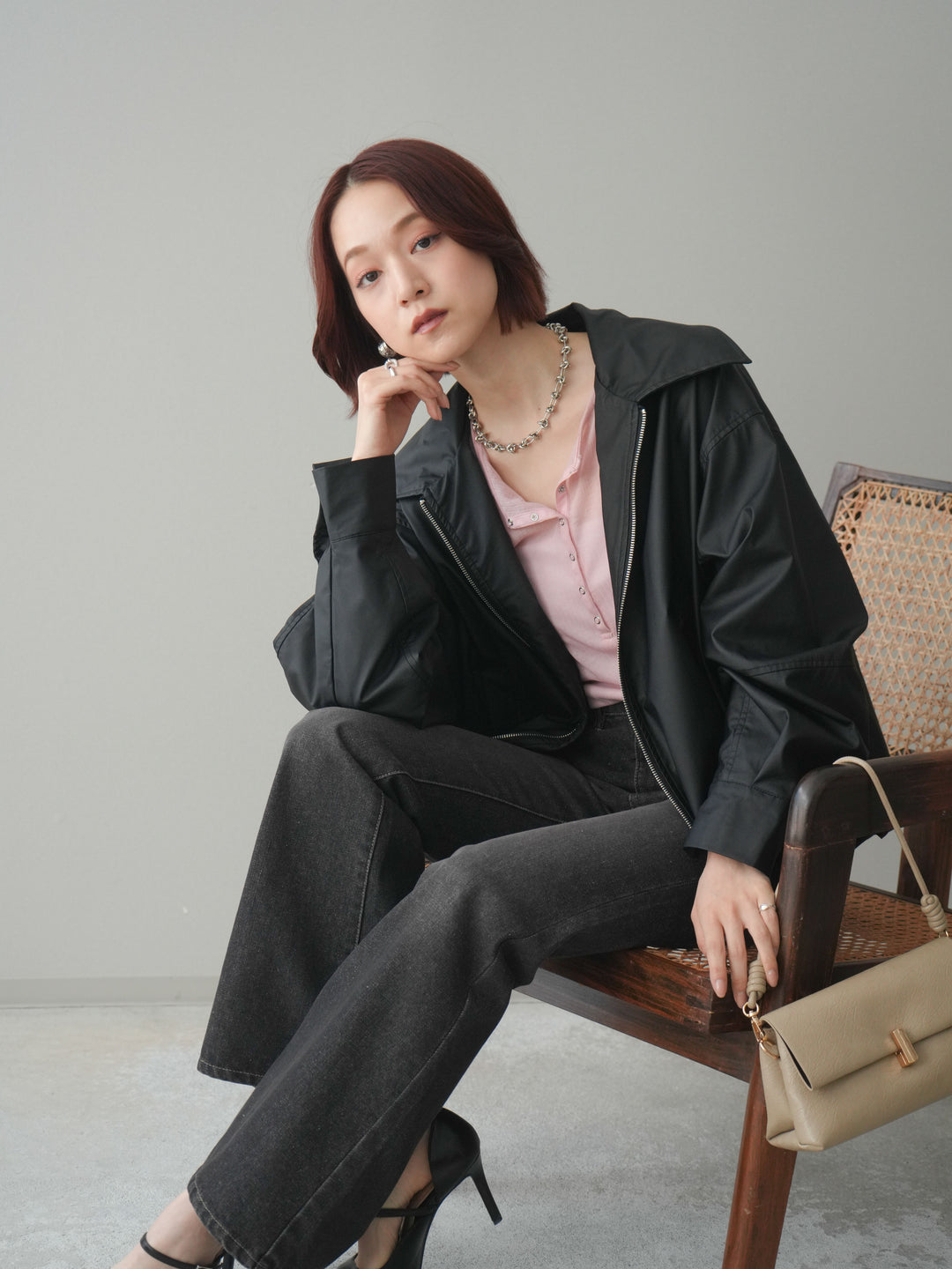 [予約]ウォッシャブルフェイクレザーバルーンジャケット/black