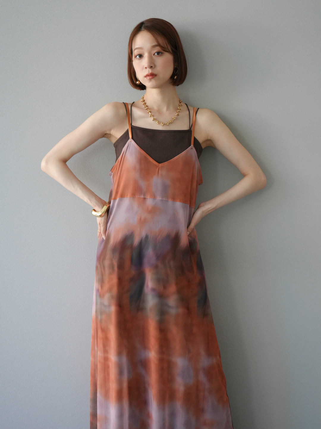 [予約タイダイ柄シアーキャミワンピース/オレンジ