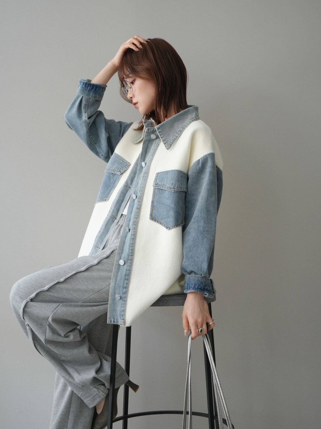 [SET]デニム襟ダブルフェイスニットカーディガン+2WAYデザインスウェットパンツ(2set)