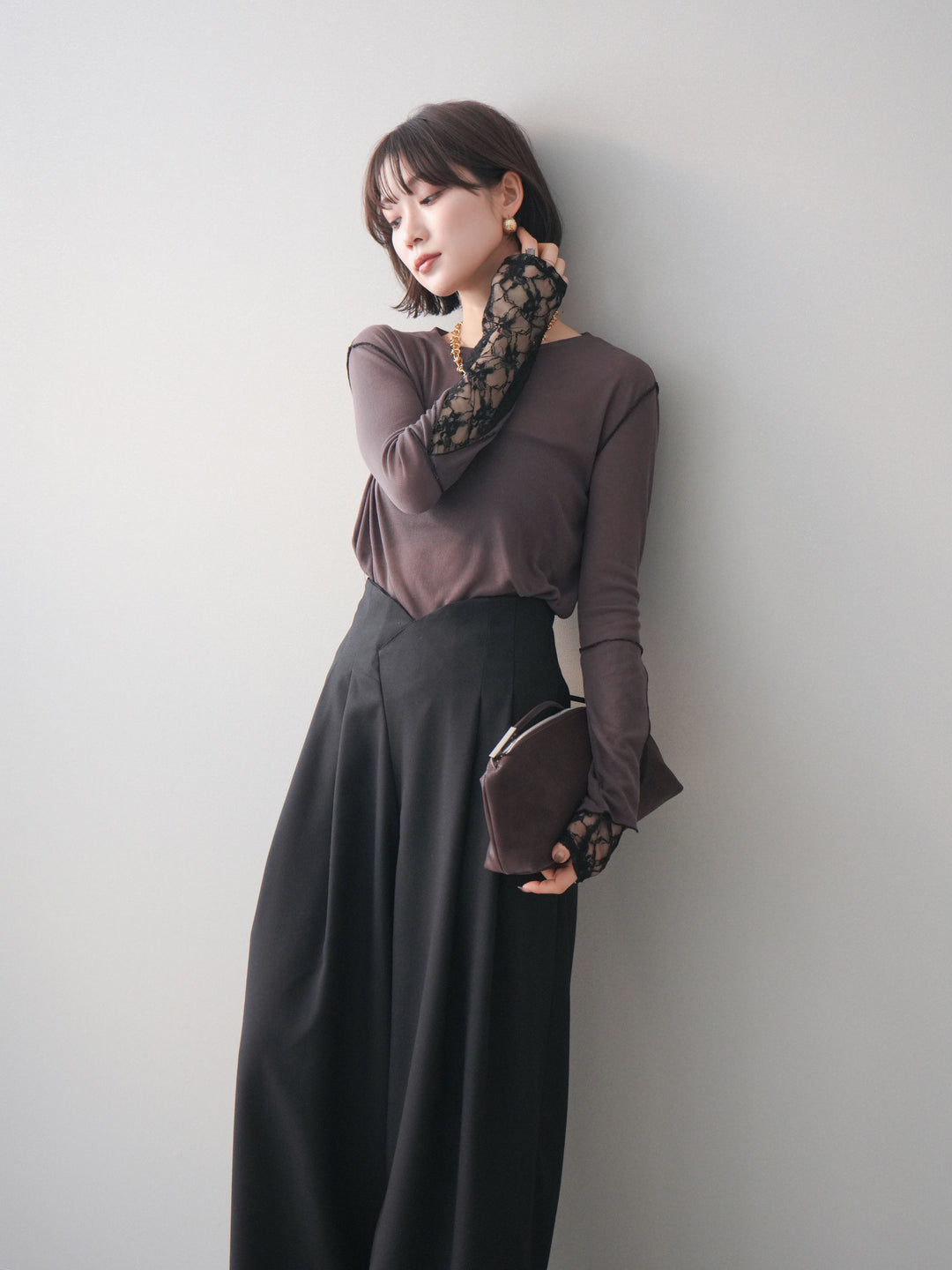 [予約]袖レースレイヤードデザインメロートップス/brown