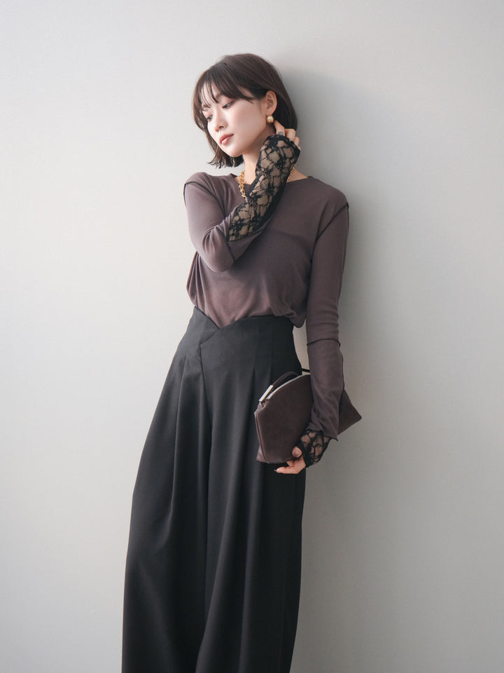 [予約]袖レースレイヤードデザインメロートップス/brown