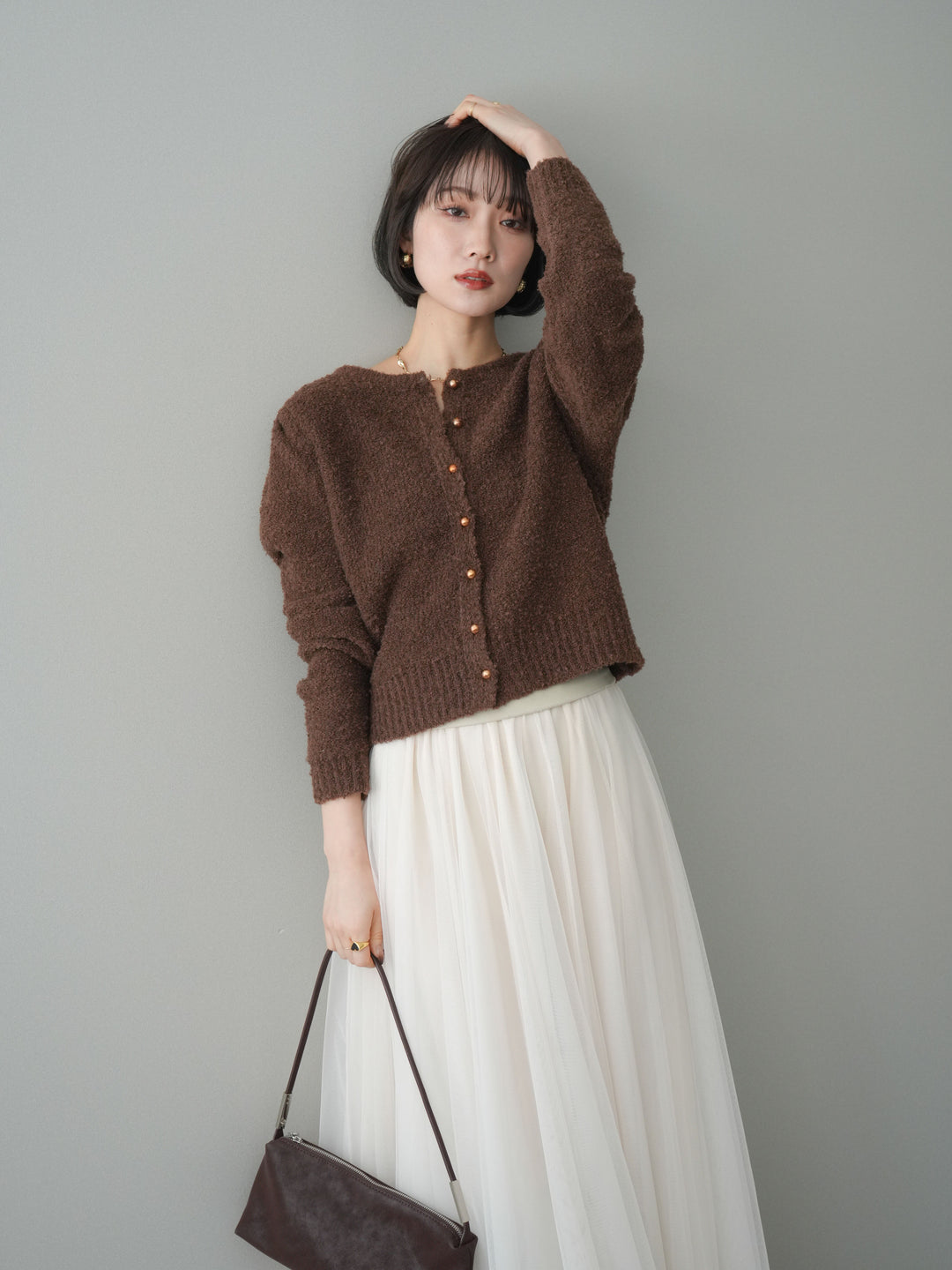[SET]ゴールドボタンブークレニットカーディガン+チュールボリュームスカート(2set)