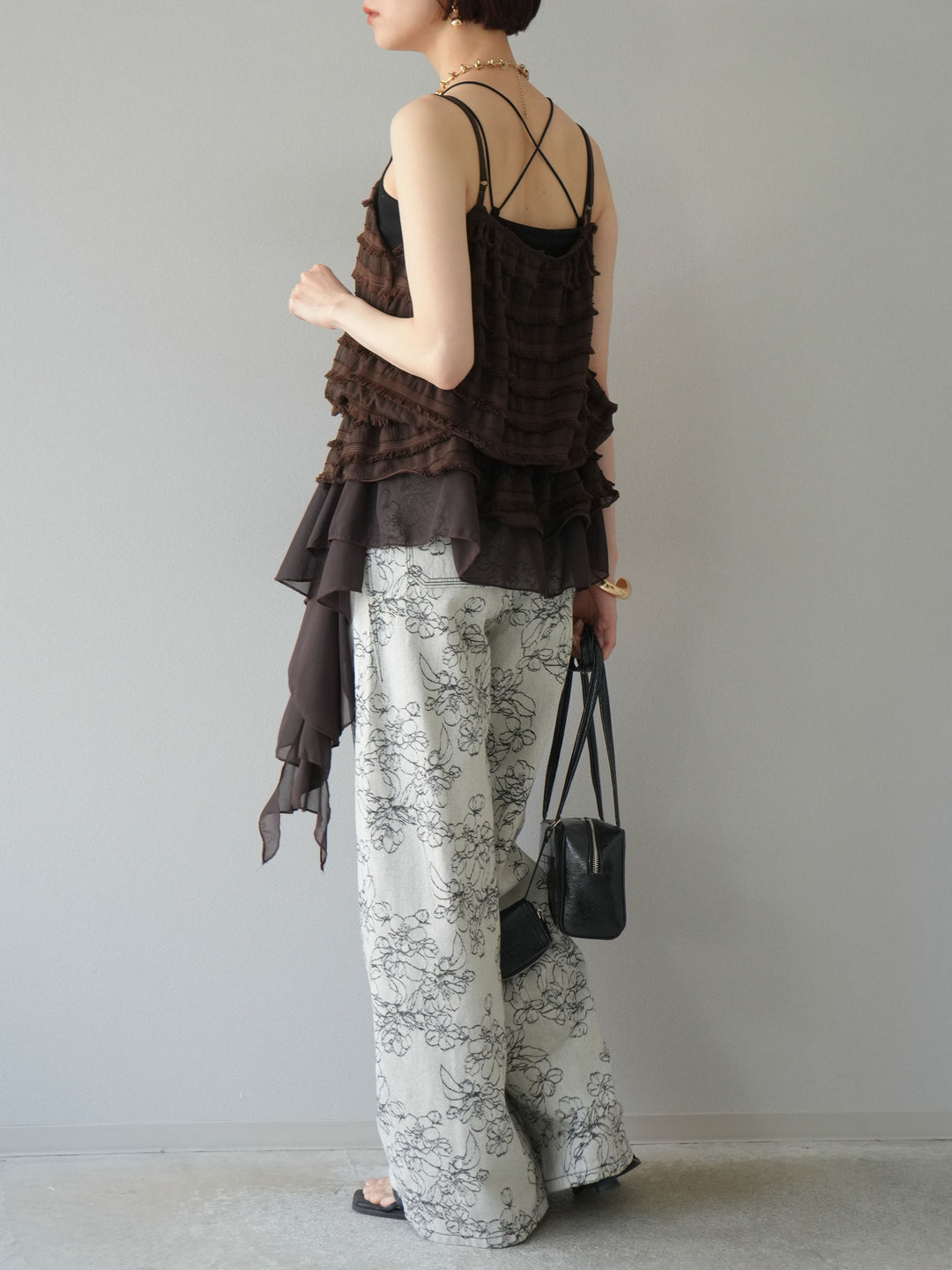 【預購】花朵提花牛仔寬褲/黑