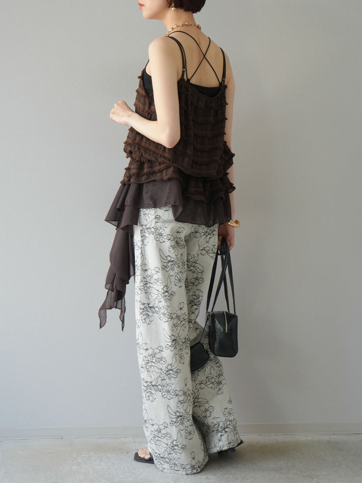 【預購】花朵提花牛仔寬褲/黑