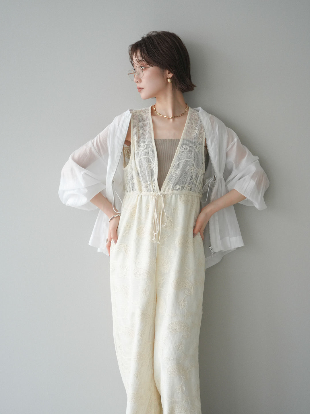 [SET]レース刺繍サロペット+ドロストシアーブルゾン(2set)