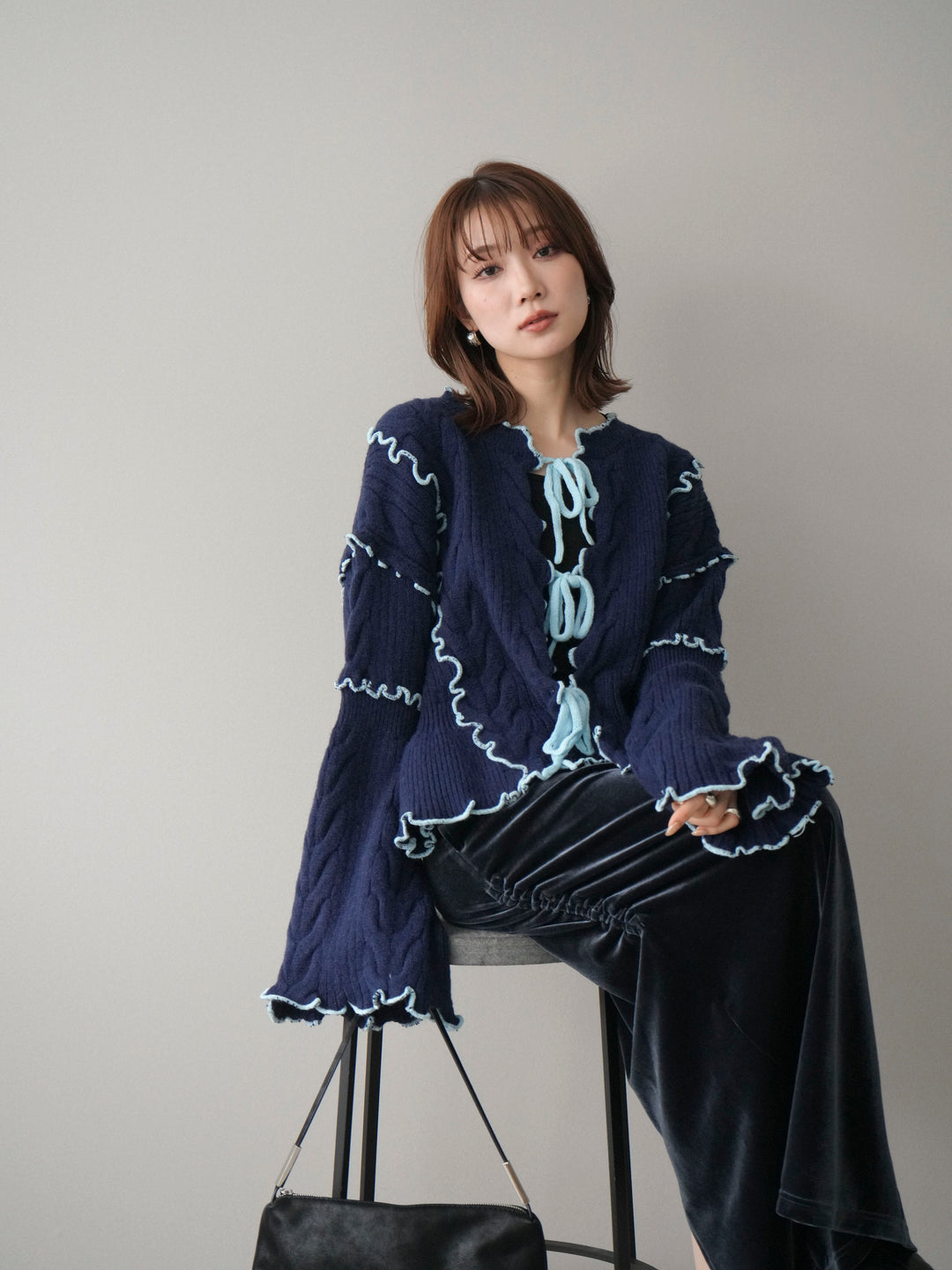 [予約]フロントリボン配色メローニットカーディガン/navy