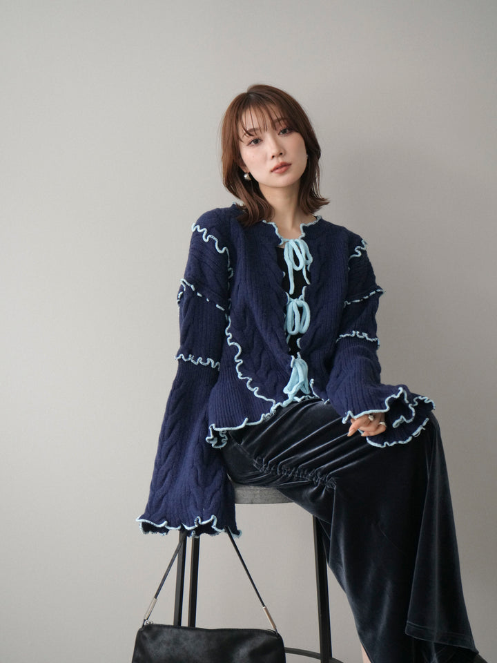 [予約]フロントリボン配色メローニットカーディガン/navy