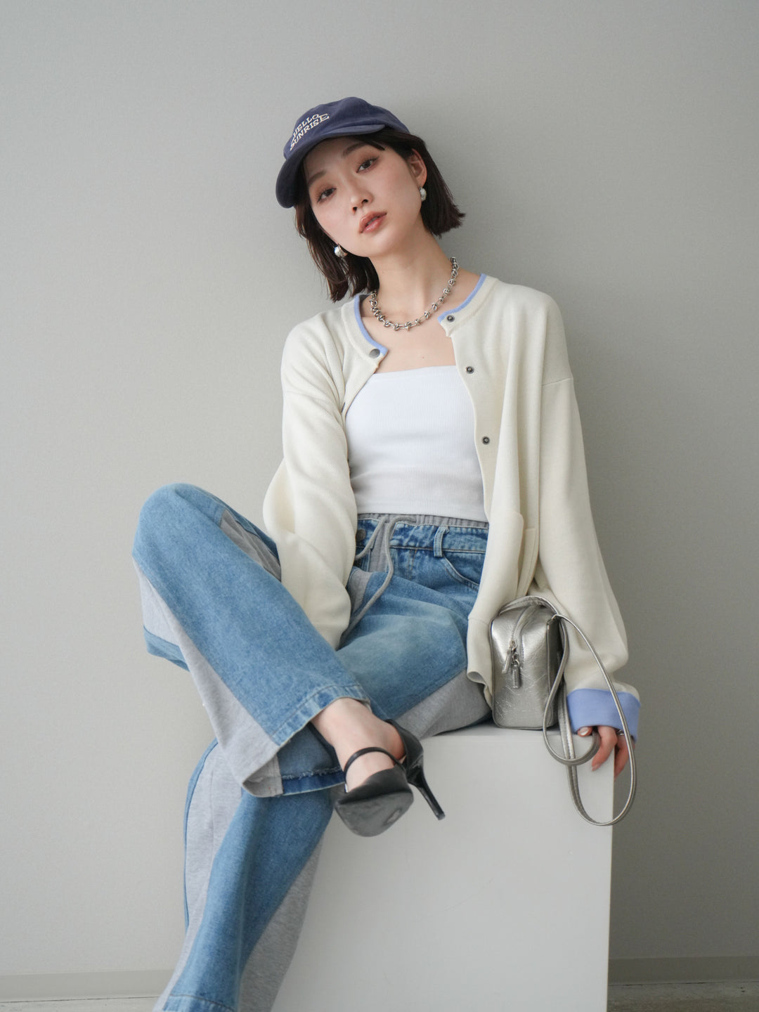 [SET]バイカラーオーバーニットカーディガン+デニム切替スウェットパンツ(2set)