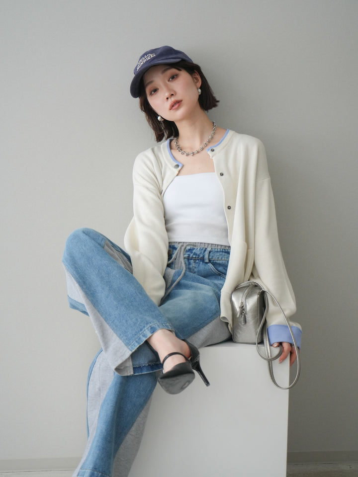 [SET]バイカラーオーバーニットカーディガン+デニム切替スウェットパンツ(2set)