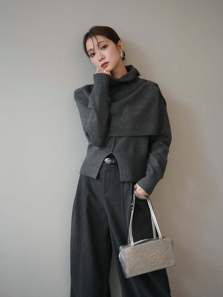 [予約]フロントスリットネックアンサンブルニット/charcoal