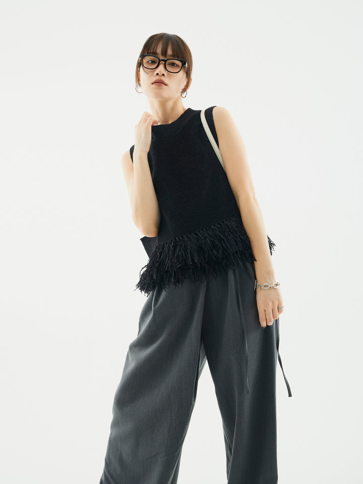 【Allure】[SET]フェザーヤーンニットベスト+ラップデザインタックワイドパンツ(2set)