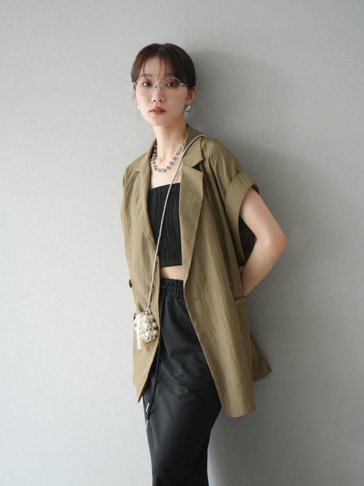 [SET]リネンライクノースリーブダブルジレ+ウェーブパイピングカップ付ベアキャミソール(2set)