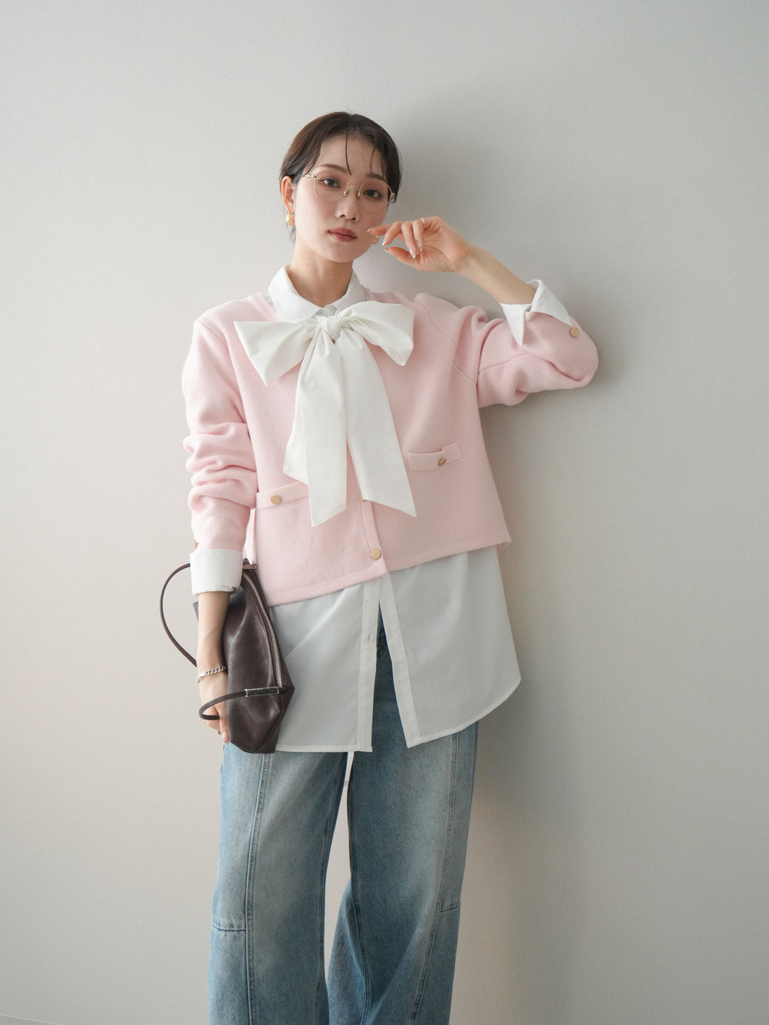 [予約]ゴールドボタンノーカラーニットジャケット/pink