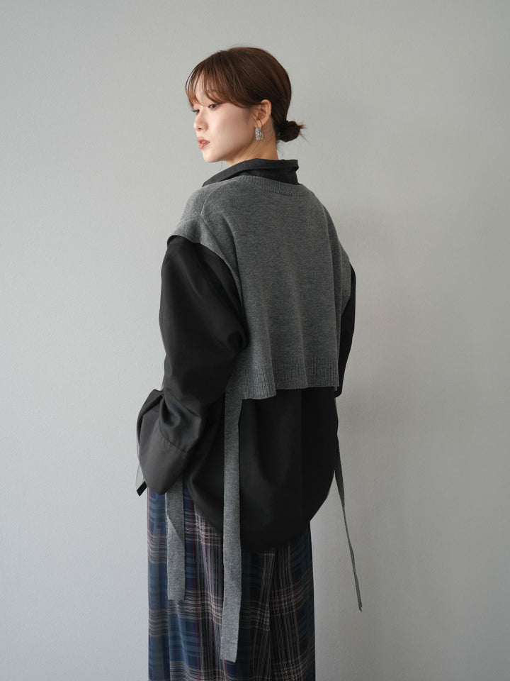 [予約]サイドリボンVネックショートニットベスト/チャコール