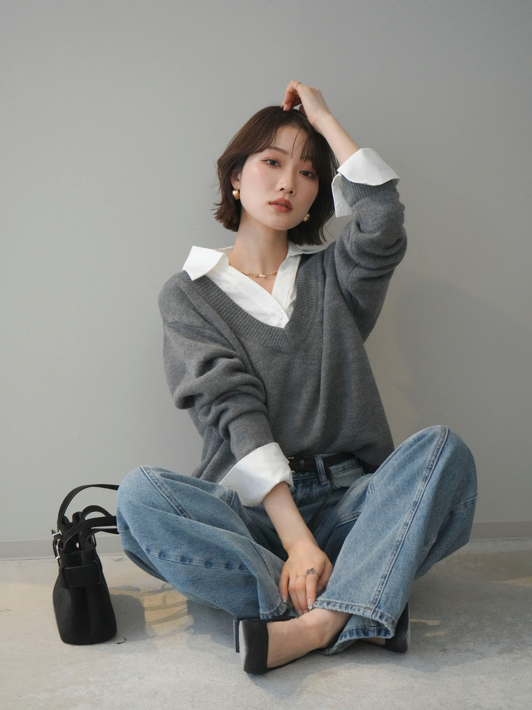 [予約]シャツドッキングVネックニットトップス/gray