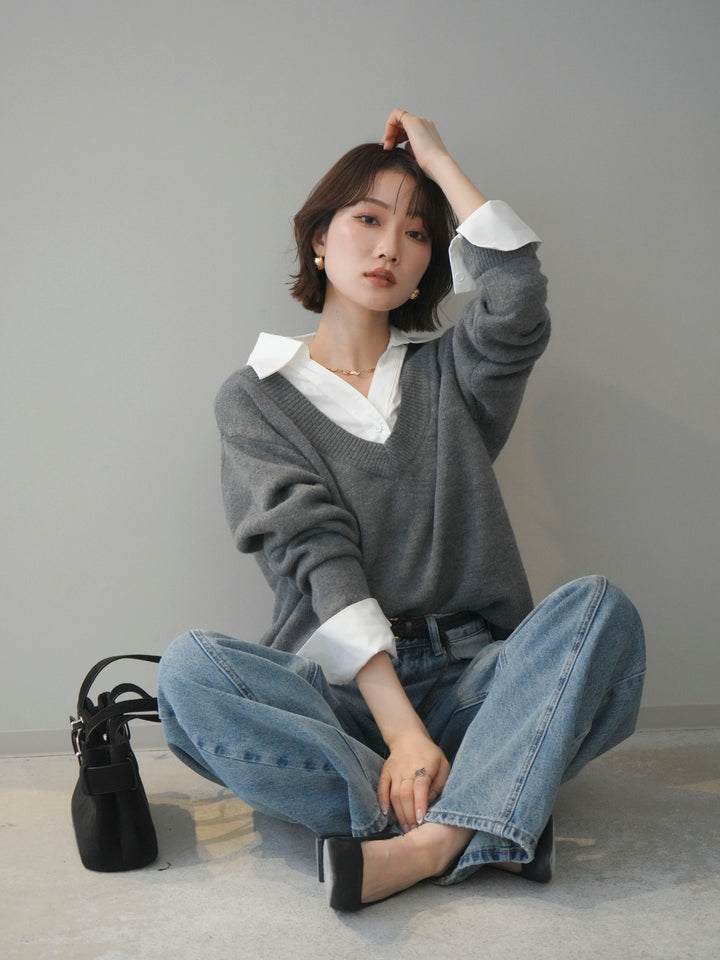 [予約]シャツドッキングVネックニットトップス/gray