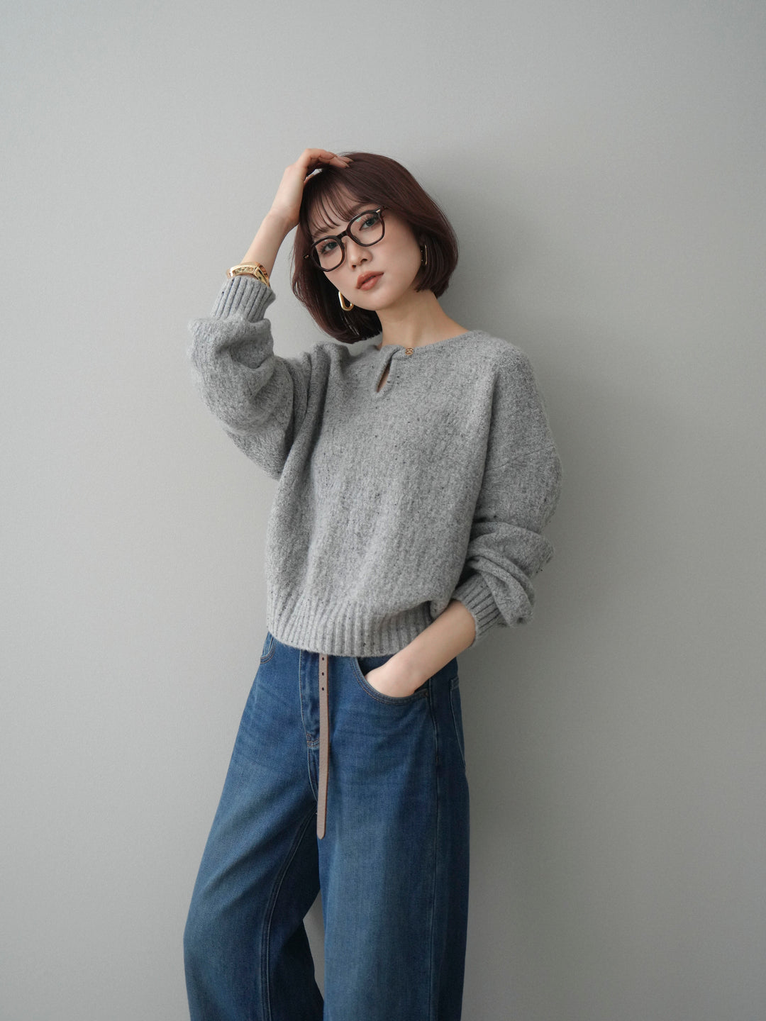 [SET]ツイストネックラメネップヤーンニットプルオーバー+選べるアクセセット(2set)