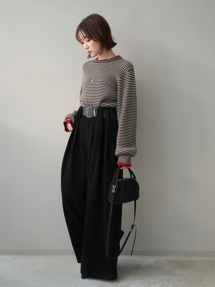 [SET]ラメ異素材ボーダーリブニットプルオーバー+ベルトデザインループコールテンワイドパンツ(ベルト付き)(2set)