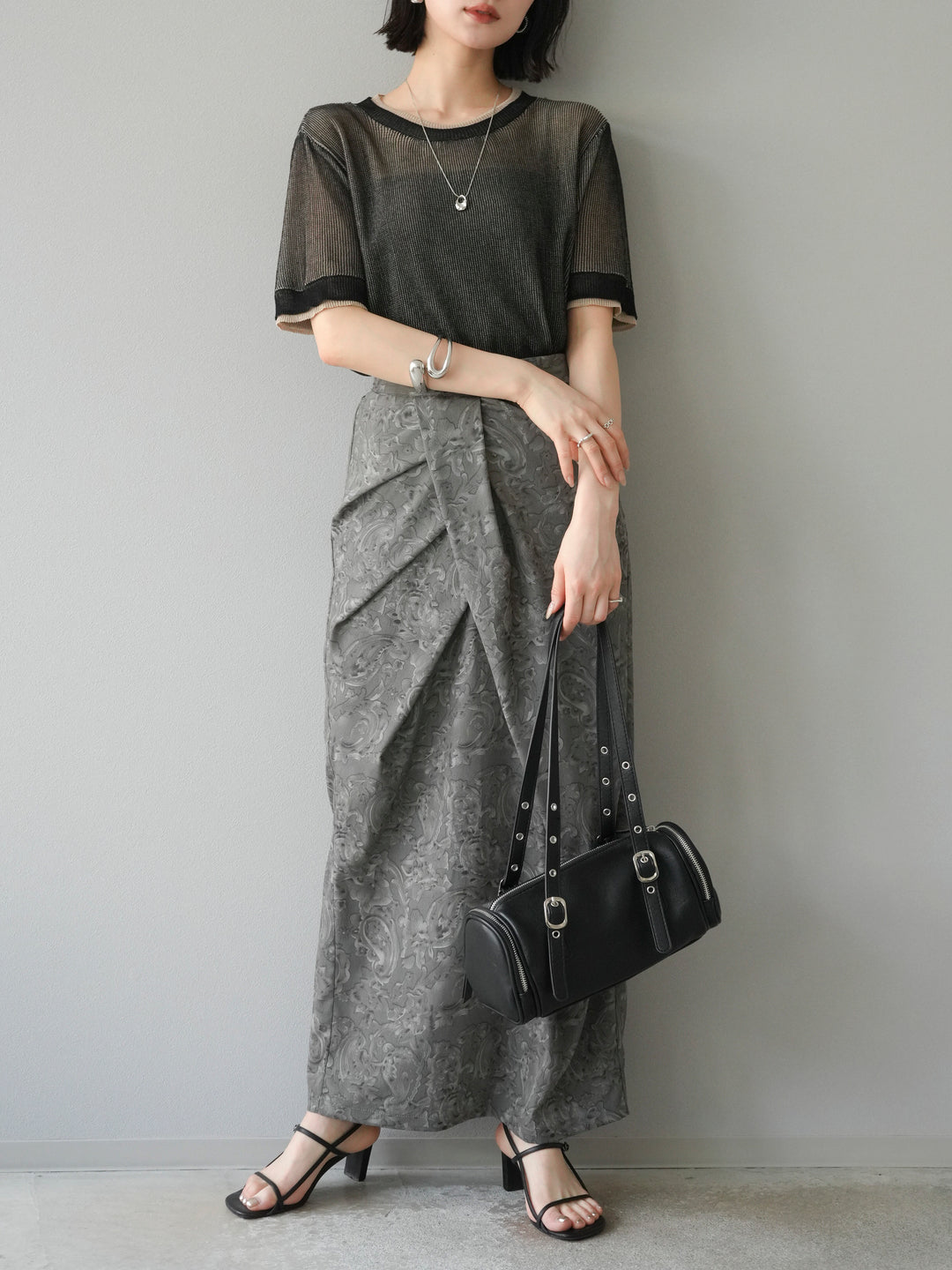 [SET]リネンタッチ配色二重臼ハーフニットトップス+選べるアソート柄スカートセット(2set)