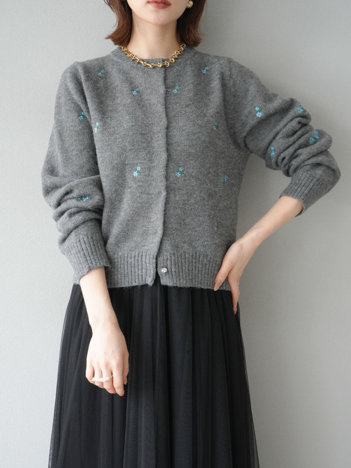 [SET]フラワー刺繍ニットカーディガン+チュールボリュームスカート(2set)