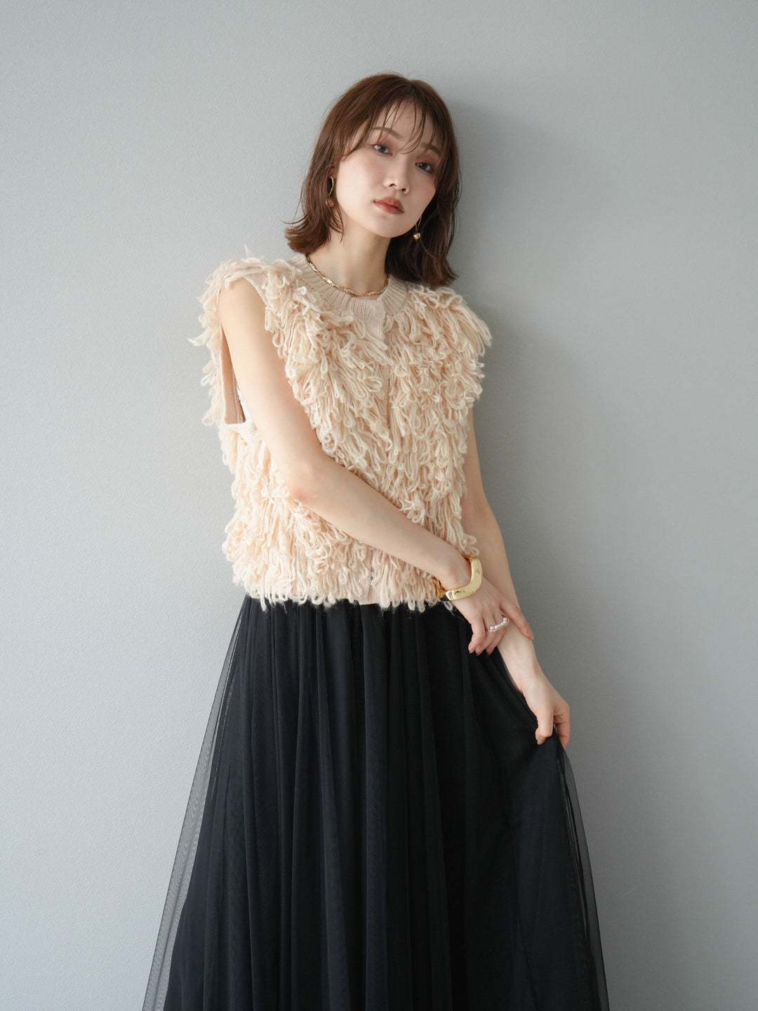 [SET] 前開衩針織背心 + 薄紗蓬鬆裙 (2 件套)