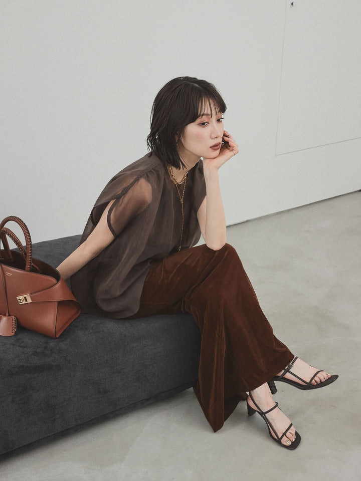 [SET] 緊湊光滑透視層疊上衣 + 天鵝絨低腰裙 (2set)