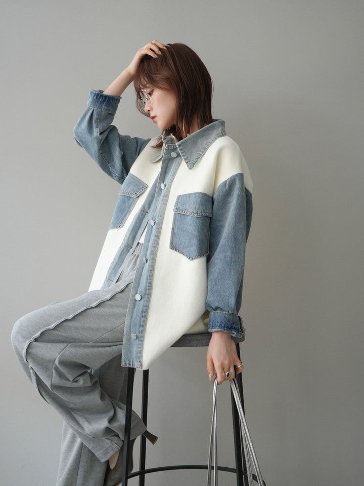 [予約]デニム襟ダブルフェイスニットカーディガン/white