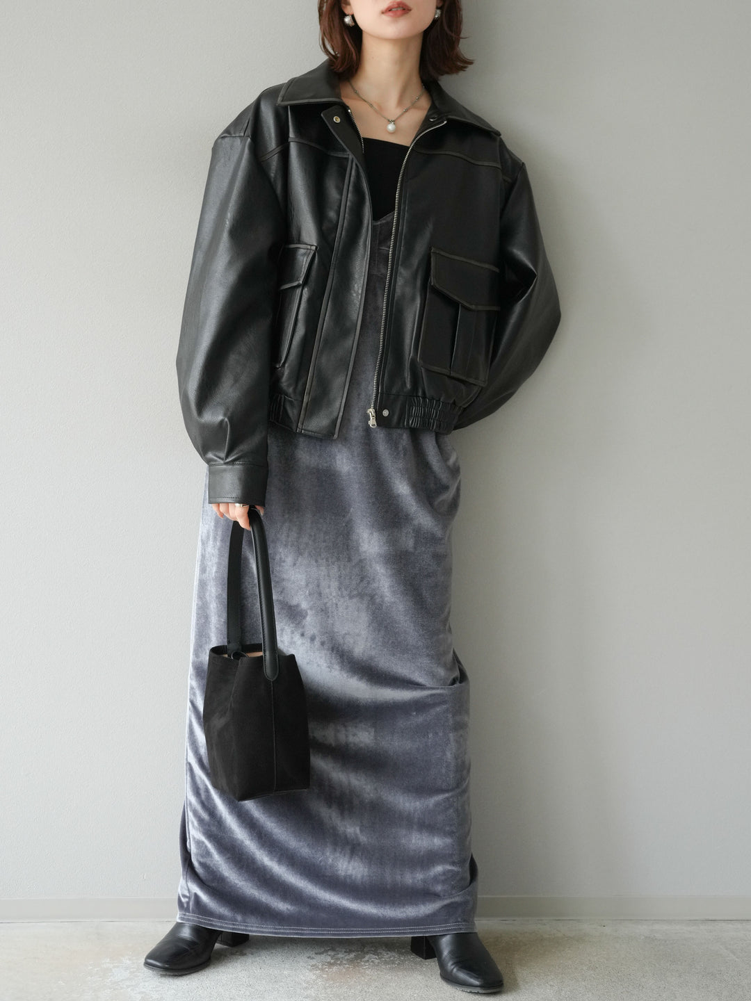 [予約]ベロアビスチェキャミワンピース/グレー