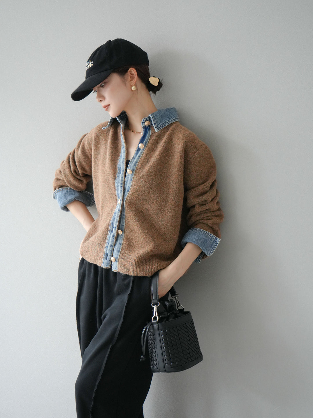 【着回しセット】[SET]デニム襟ボタンニットカーディガン+デニム襟ボタンニットカーディガン+2WAYデザインスウェットパンツ(3set)