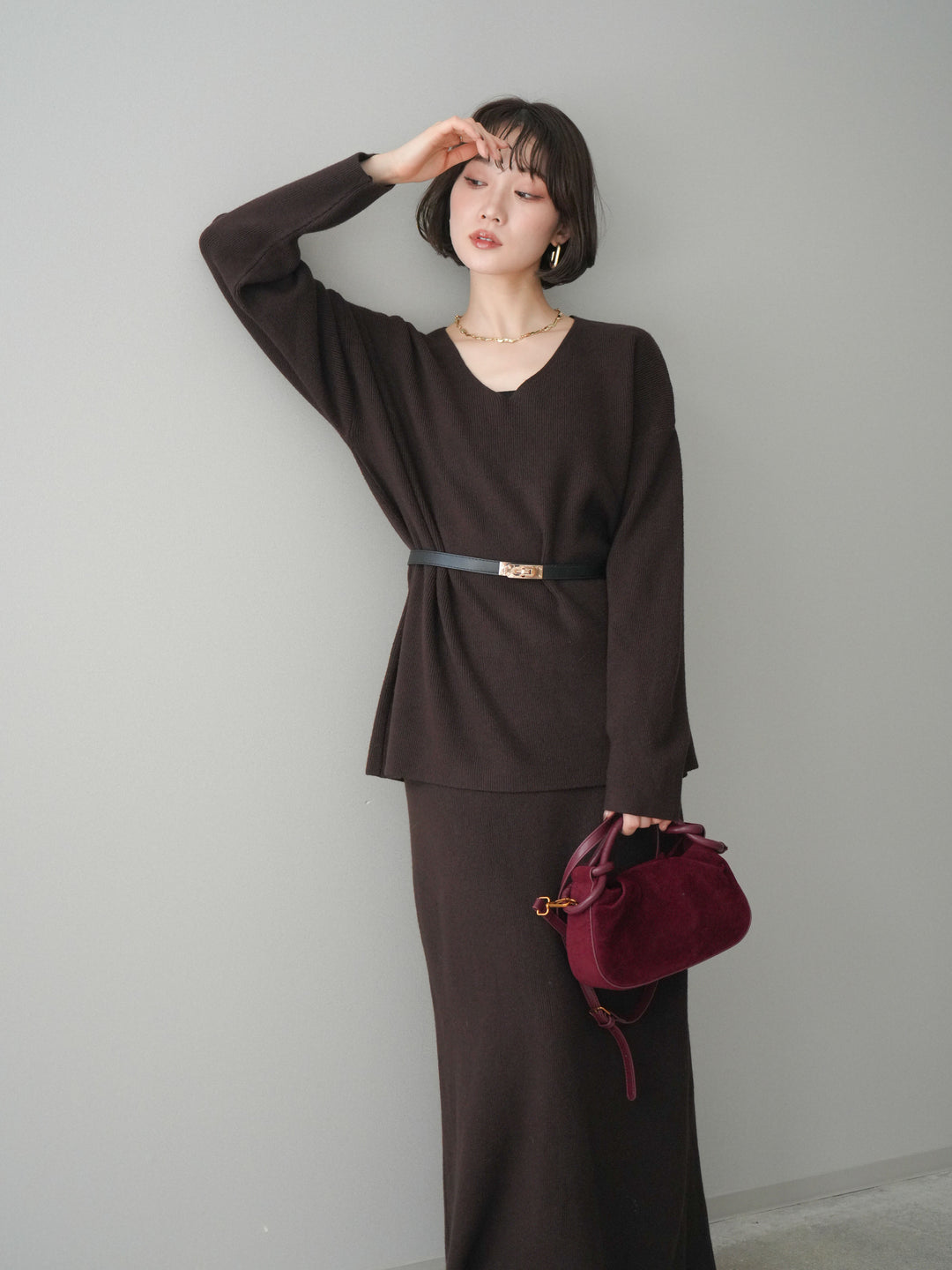 [SET]ベルト付Vネックニット＆スカートSET UP+ベルト付Vネックニット＆スカートSET UP(2set)