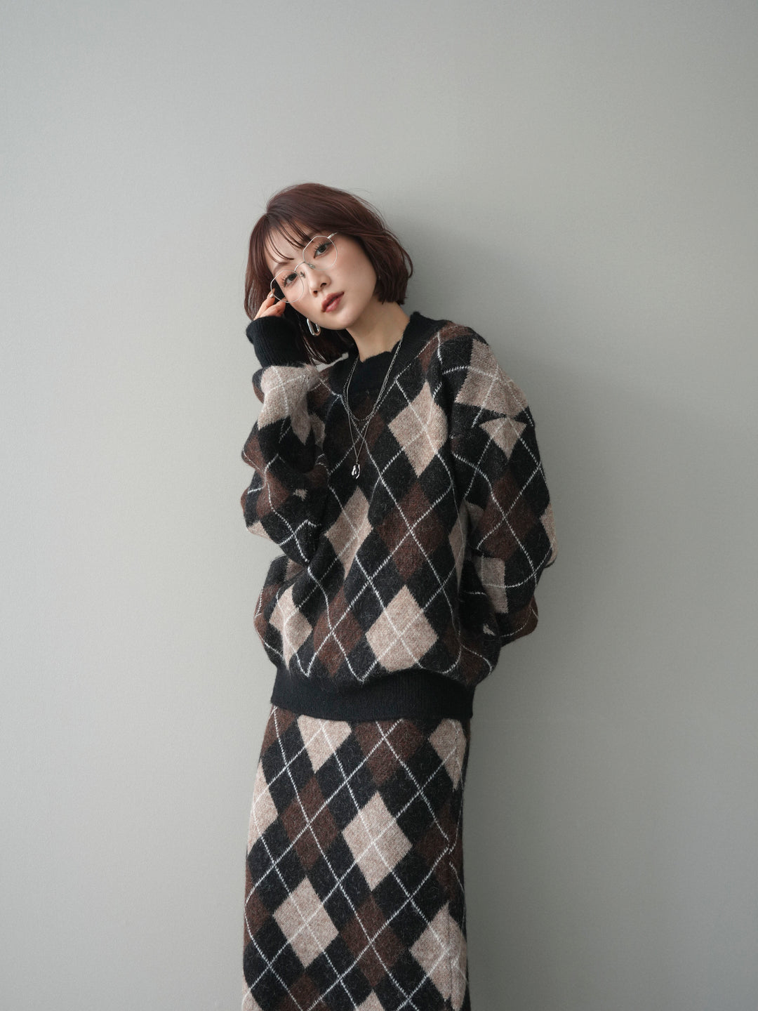 [SET]アーガイルニットプルオーバー&ロングスカートSET UP(2set)